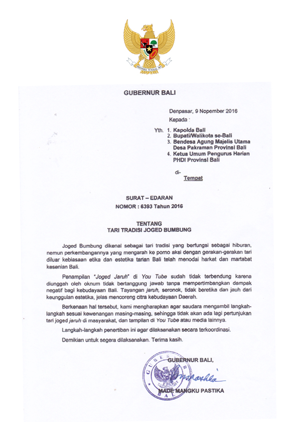 Surat Edaran Gubernur Bali No. 6393 Tahun 2016